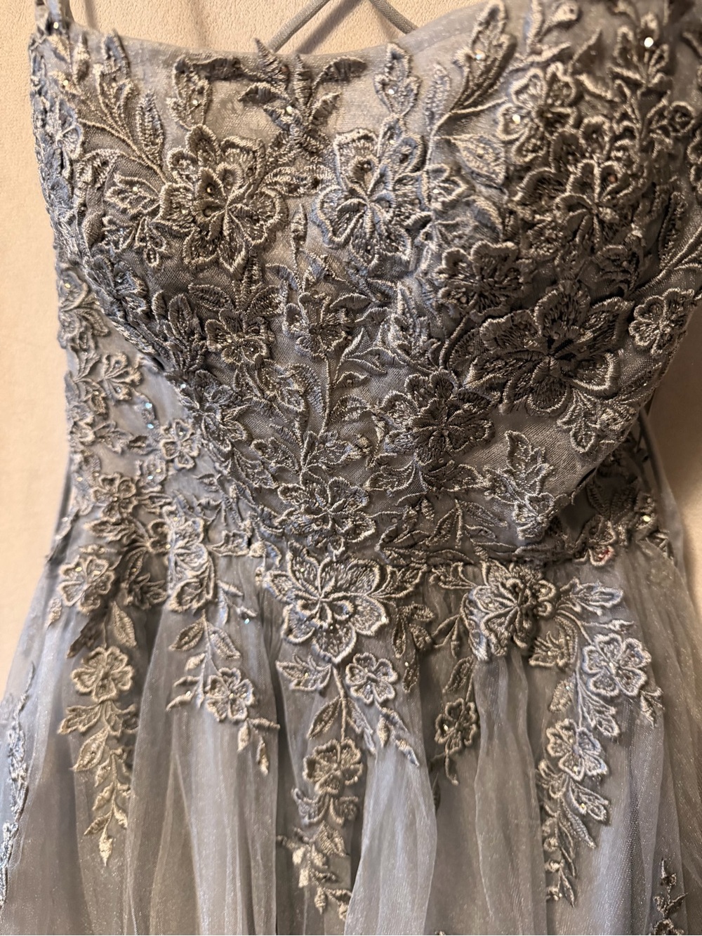 La Femme Silver Gray Embroidered Formal Gown - Picture 2 of 14